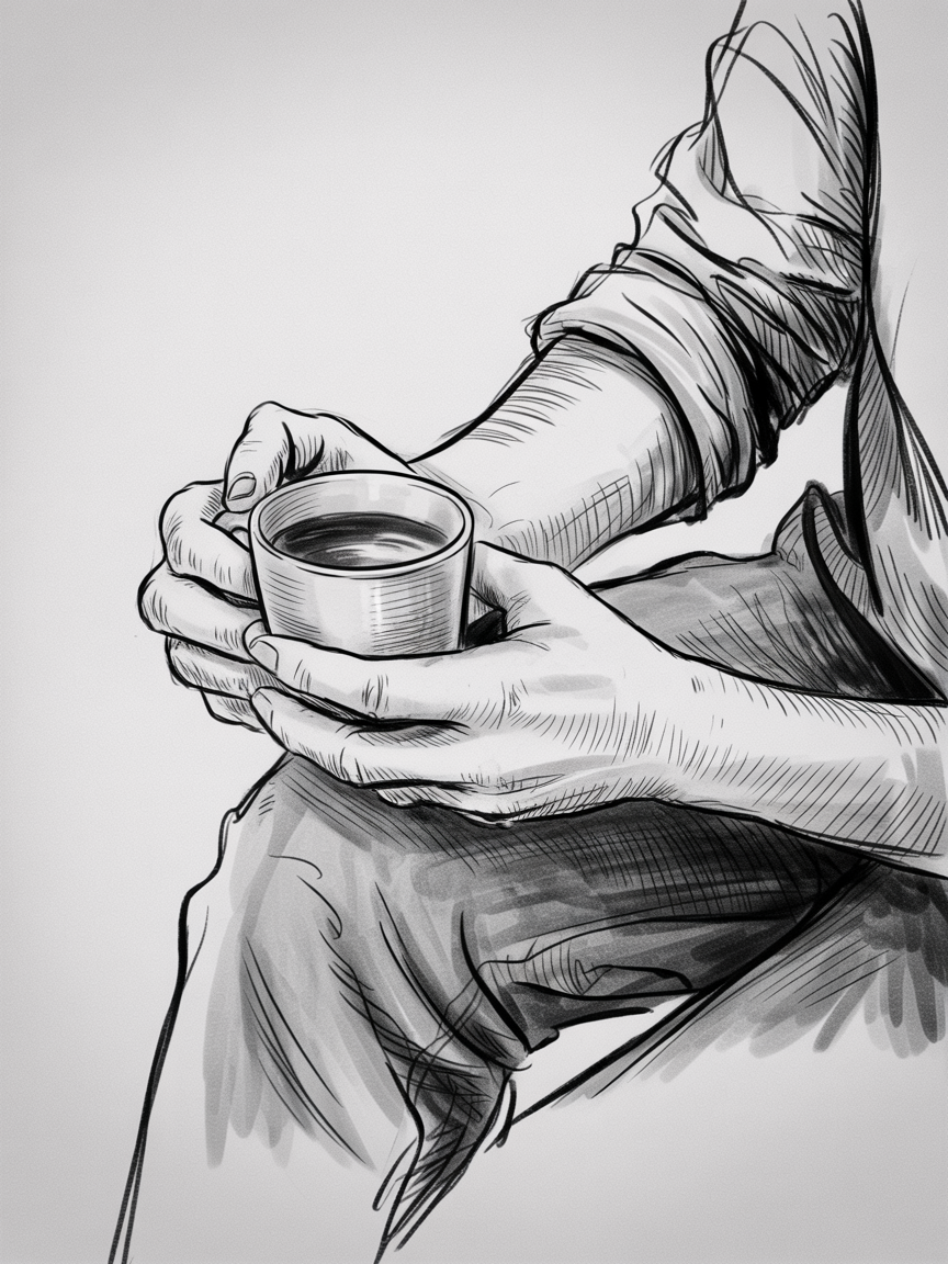 Male Art Drawing Ideas, a monochrome sketch of rolled-sleeve hands cradling a small cup in close-up with crosshatching and soft shadows.