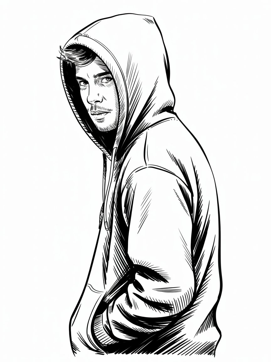 Male Art Drawing Ideas, a black and white line drawing of a hooded man in three-quarter view with strong crosshatching that defines shadows and fabric folds.