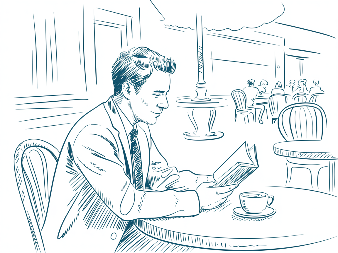 Male Art Drawing Ideas, a line illustration of a man in a suit reading at a café table with a coffee cup as other patrons sit in the background.