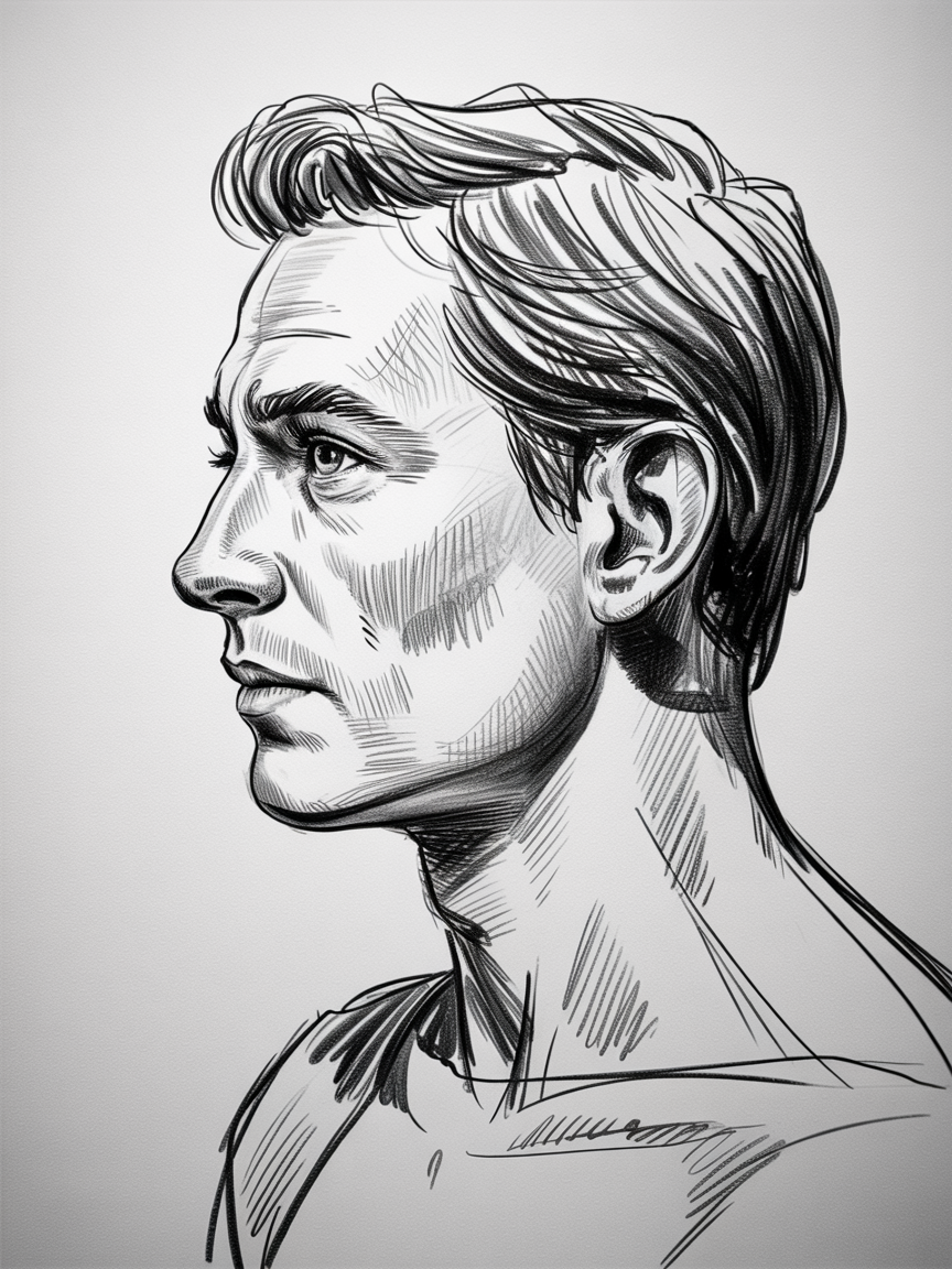 Male Art Drawing Ideas, a black and white profile sketch of a man with strong line work, hatched shadows, and textured hair.