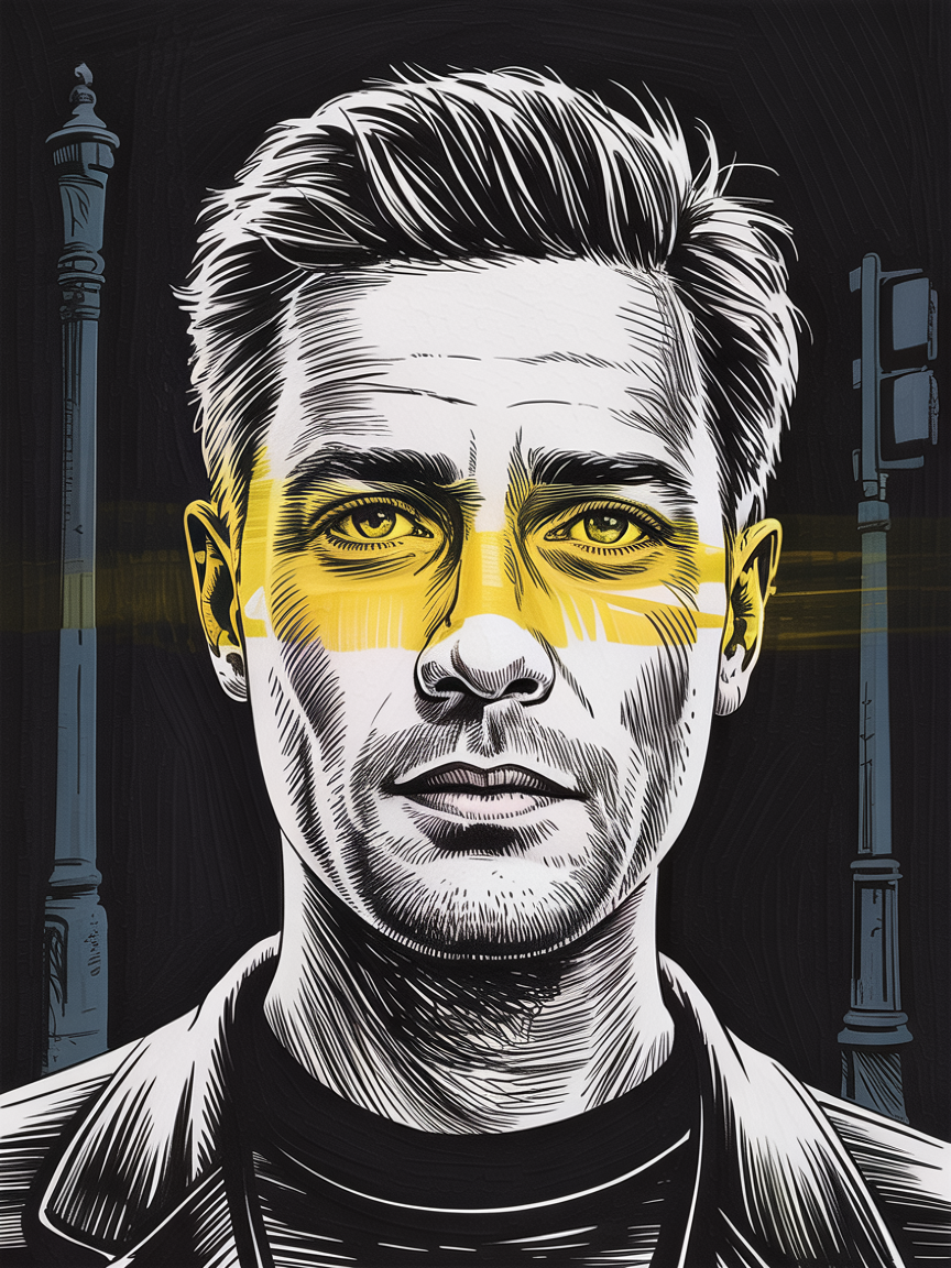 Male Art Drawing Ideas, a stylized black and white portrait of a man with a bright yellow band across his eyes, framed by faint streetlights on a dark city background.