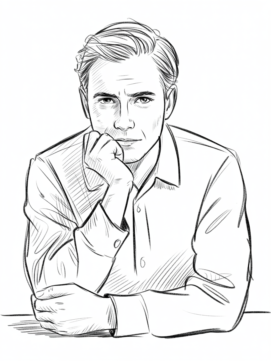 Male Art Drawing Ideas, a black and white line portrait of a man resting his chin on his hand, with crisp contours, light hatching, and a plain background.
