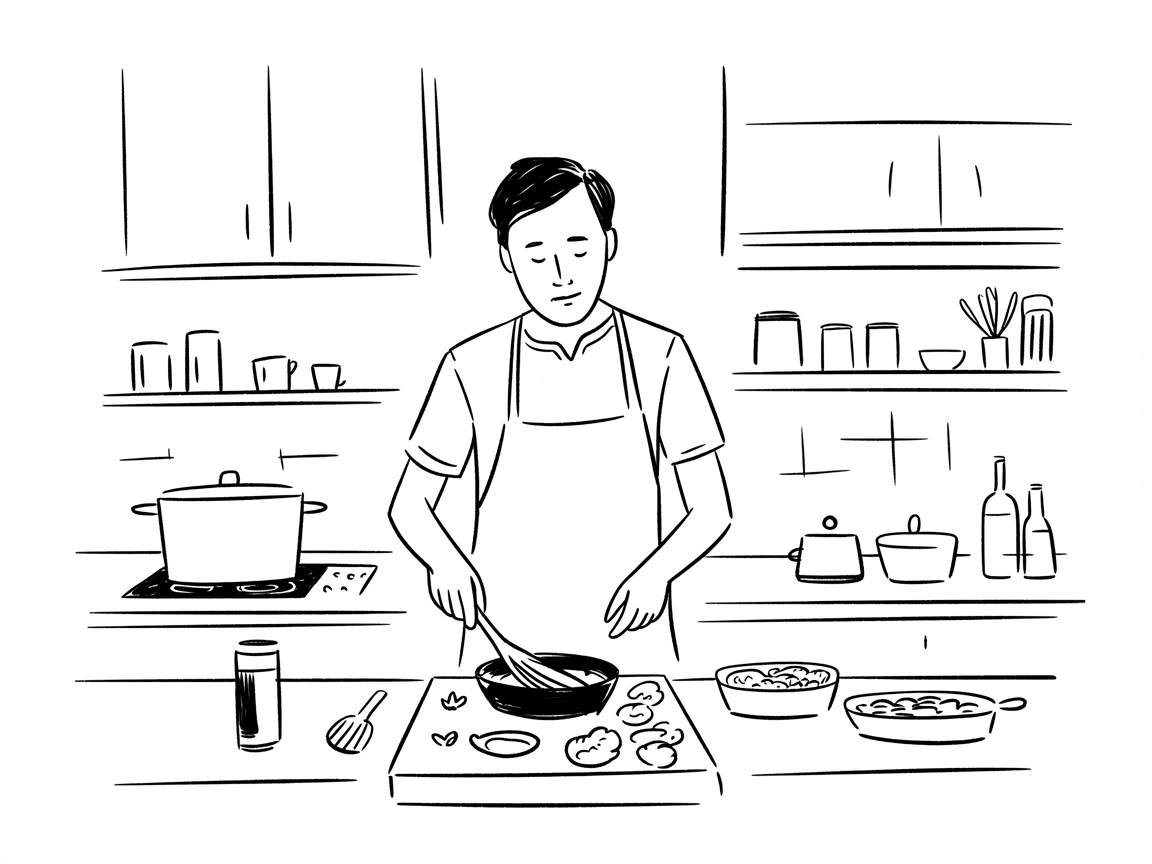 Male Art Drawing Ideas, a clean line drawing of a man cooking at a stove, centered among shelves, pots, bottles, and a cutting board.