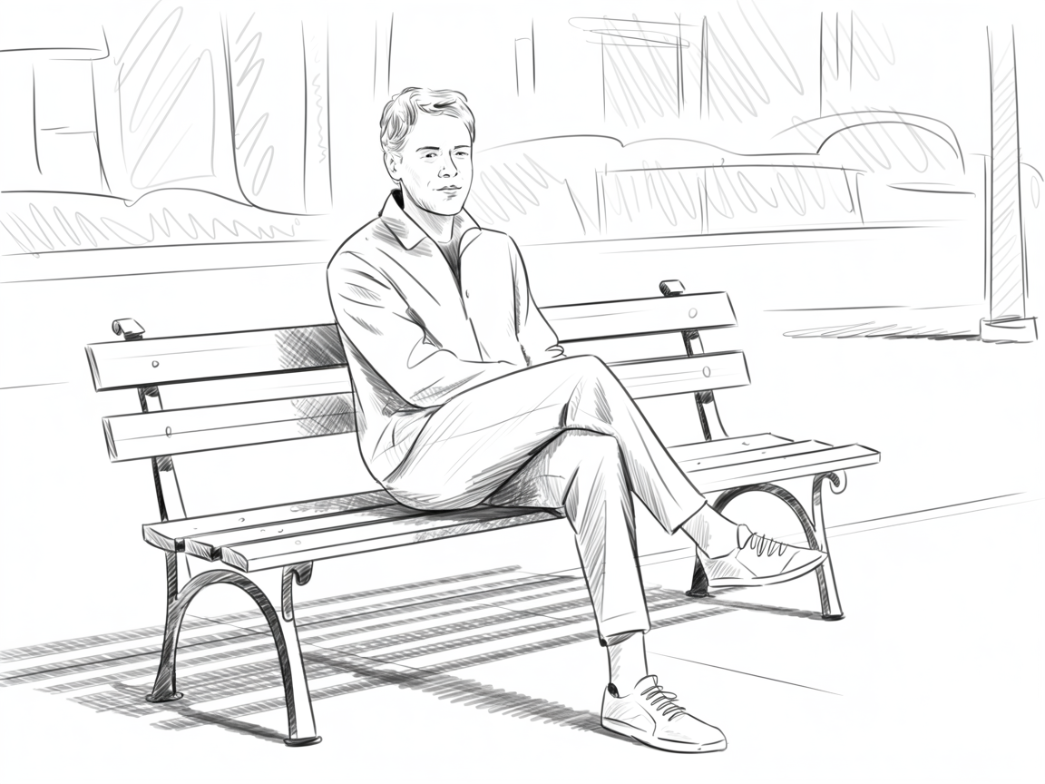 Male Art Drawing Ideas, a clean sketch of a man sitting on a park bench with legs crossed, strong bench lines, gentle hatching, and striped shadows in a quiet urban background.