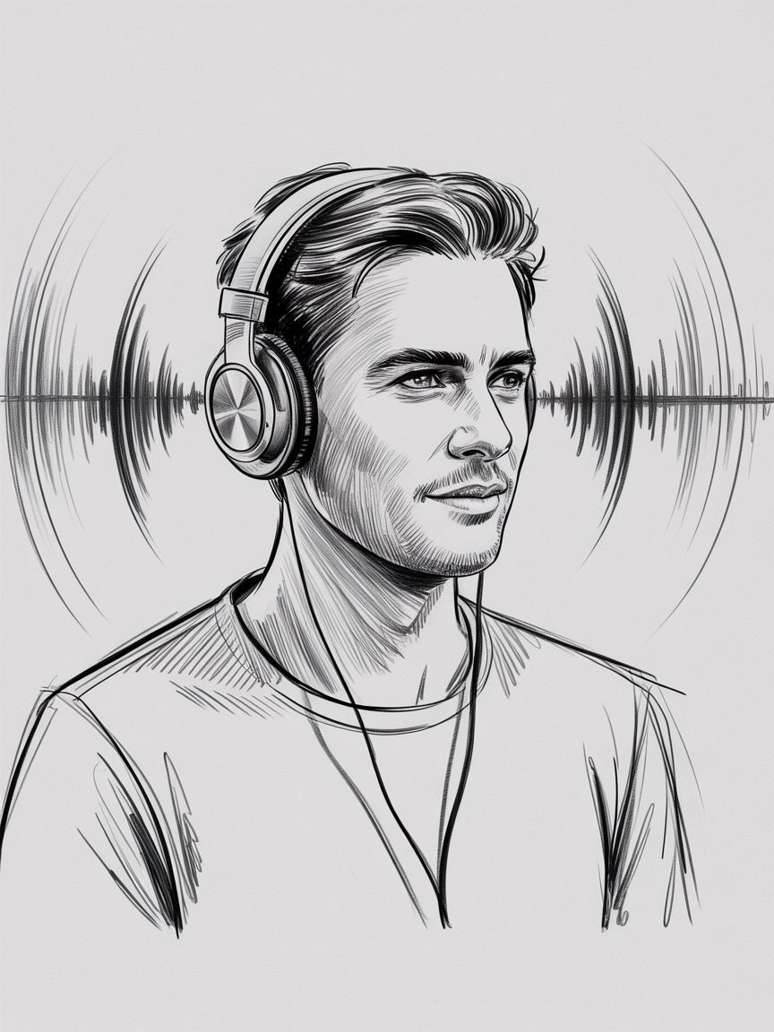 Male Art Drawing Ideas, a black and white sketch of a man in headphones with radiating sound-wave arcs, centered bust view with clean linework and cross-hatching.