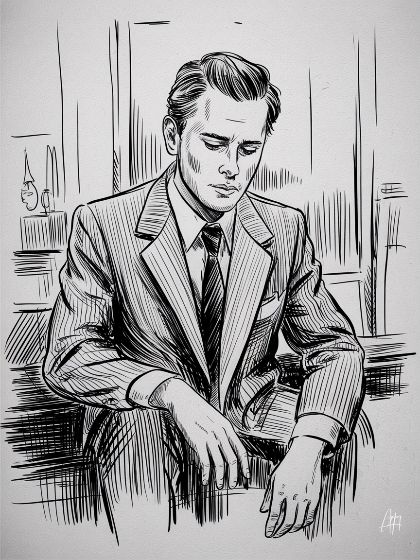 Male Art Drawing Ideas, an ink sketch of a seated man in a suit with expressive lines, gentle hatching for shadows, and a simple background that sets a quiet, reflective pose.