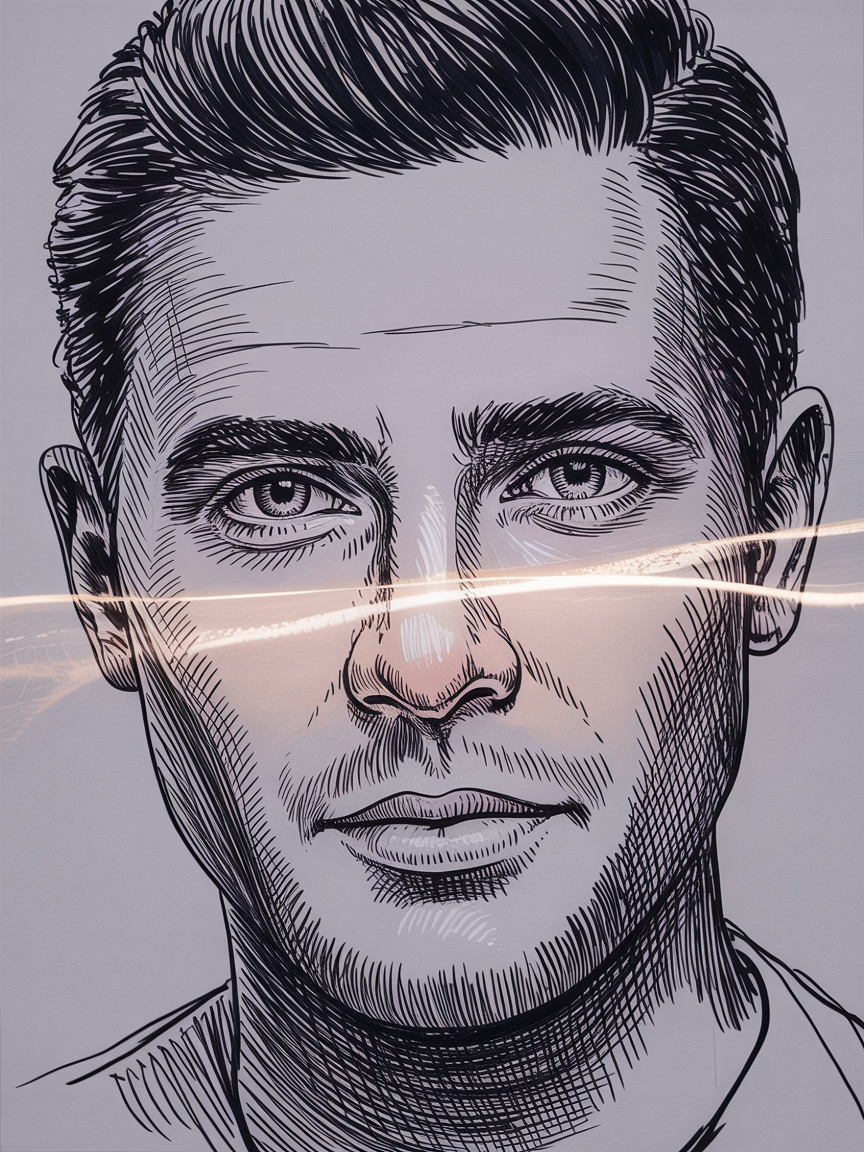 Male Art Drawing Ideas, a centered ink portrait of a man with detailed hatching and a bright horizontal light reflection across the face.