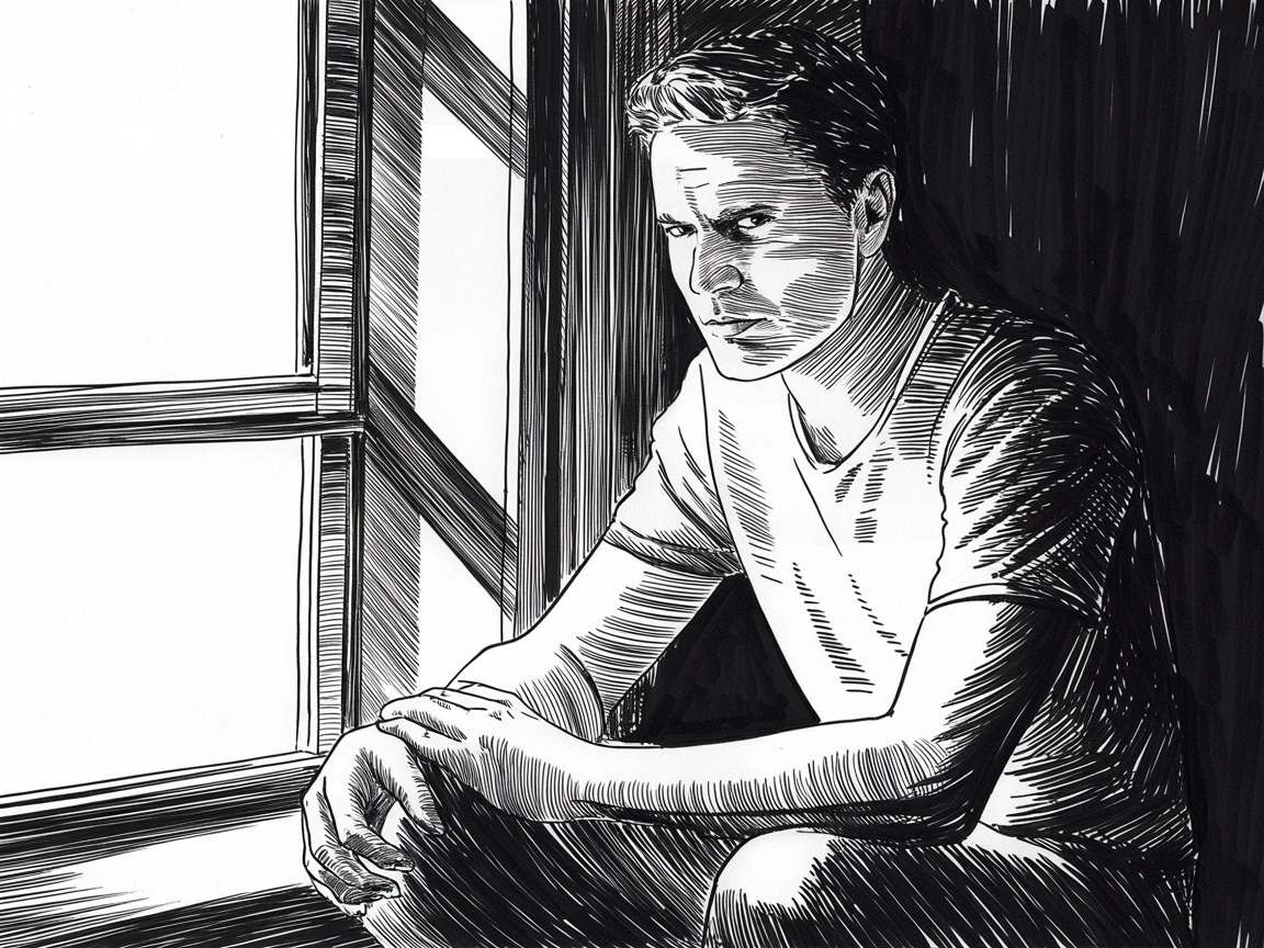 Male Art Drawing Ideas, a black and white ink sketch of a man sitting by a window with strong rim light and deep cross-hatched shadows.