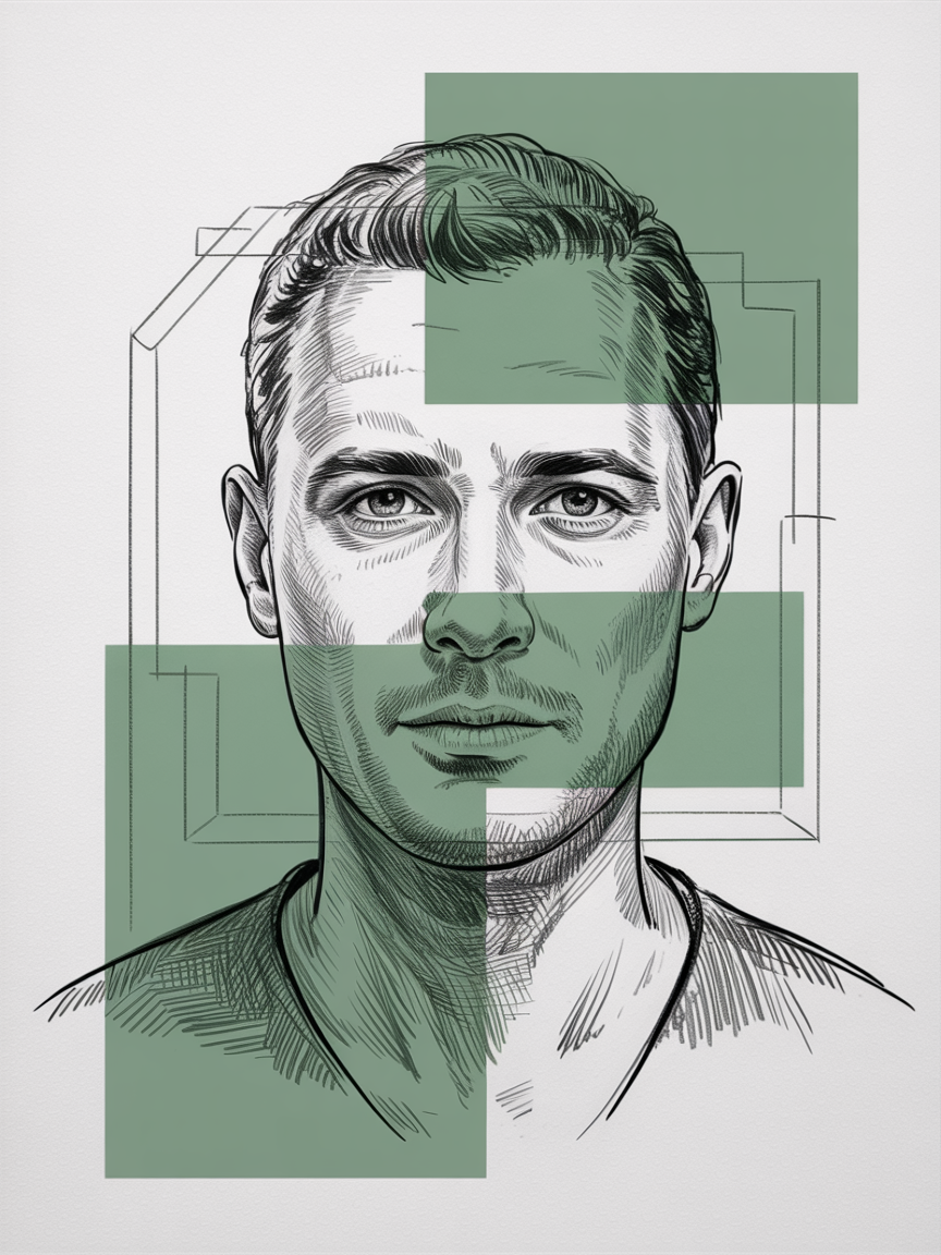Male Art Drawing Ideas, a hatched black and white male portrait with overlapping green rectangles and geometric frames creating modern contrast.