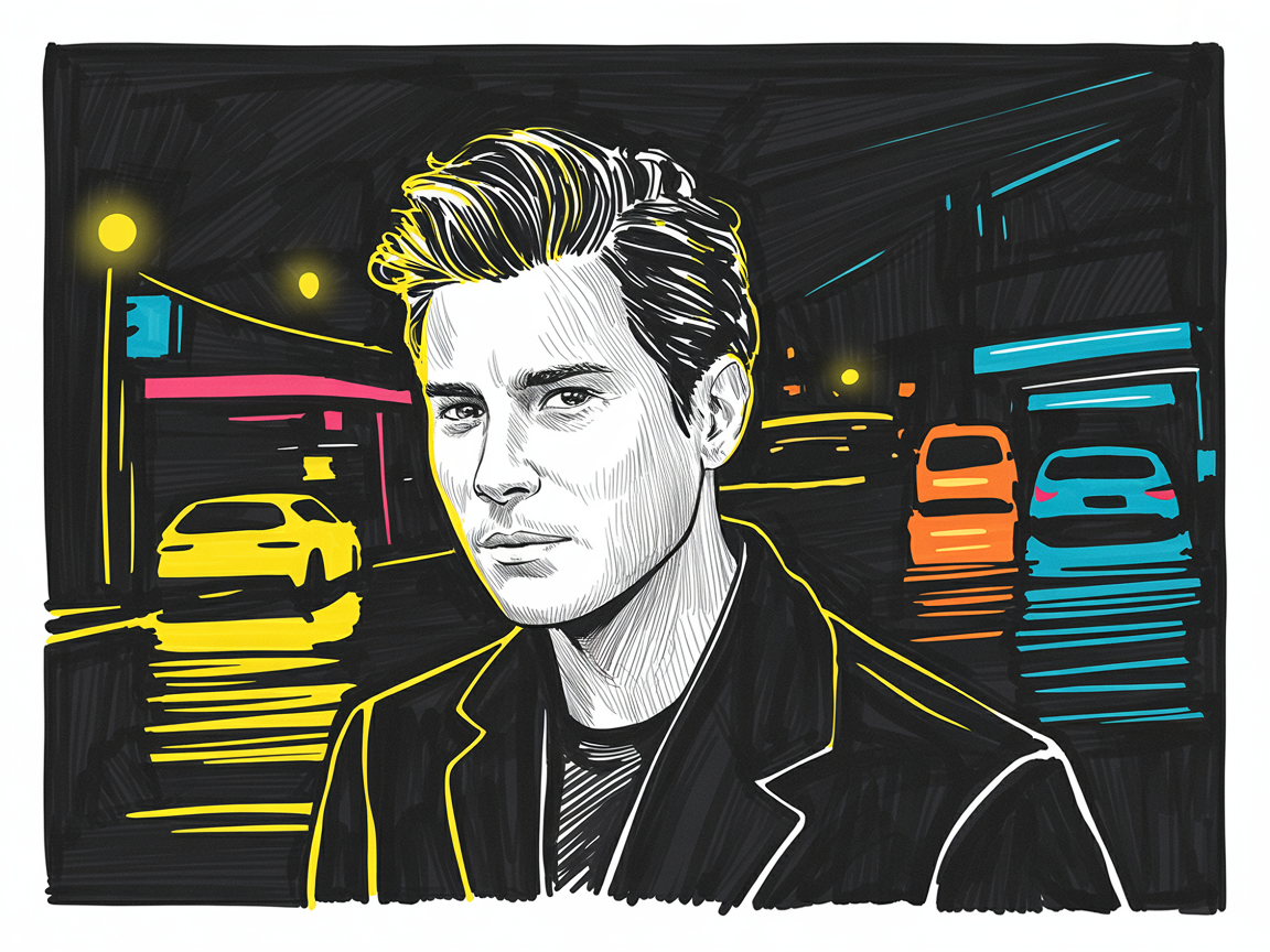 Male Art Drawing Ideas, a neon-lit portrait of a young man in a dark city scene with car shapes, bold rim light, and wet street reflections.
