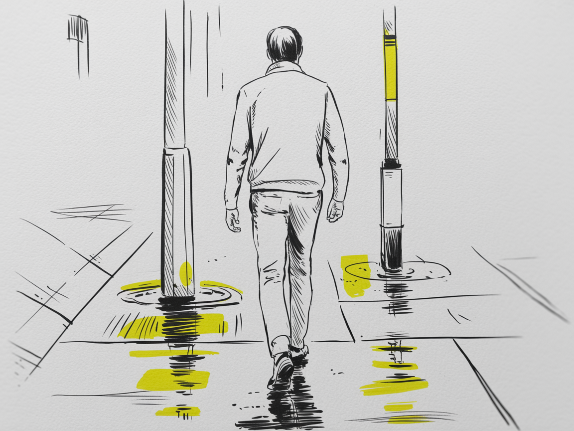 Male Art Drawing Ideas: Minimal line art of a man walking away on a wet sidewalk with street poles and bright yellow puddle reflections.