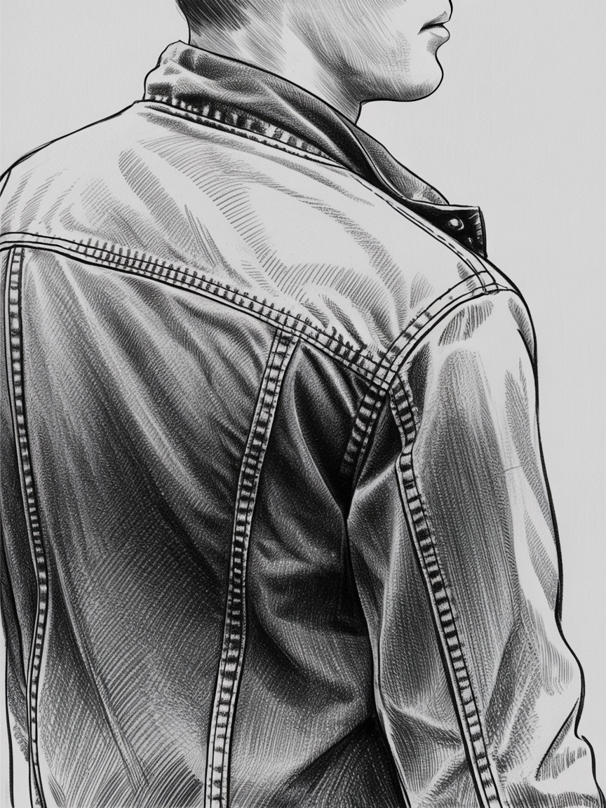 Male Art Drawing Ideas, a close-up black and white sketch of a male figure in a denim jacket seen from behind, with crisp seams, layered hatching, and bright highlights on the shoulder and collar.