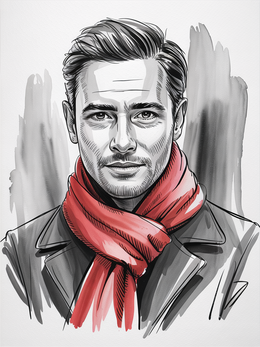 Male Art Drawing Ideas, a monochrome ink portrait of a man in a red scarf and dark coat, framed by soft gray washes with crisp facial highlights and textured linework.