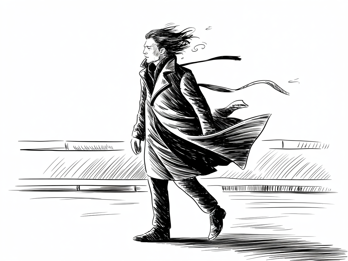 Male Art Drawing Ideas, black-and-white line art of a man walking in wind with a long coat and scarf trailing on a simple street backdrop.