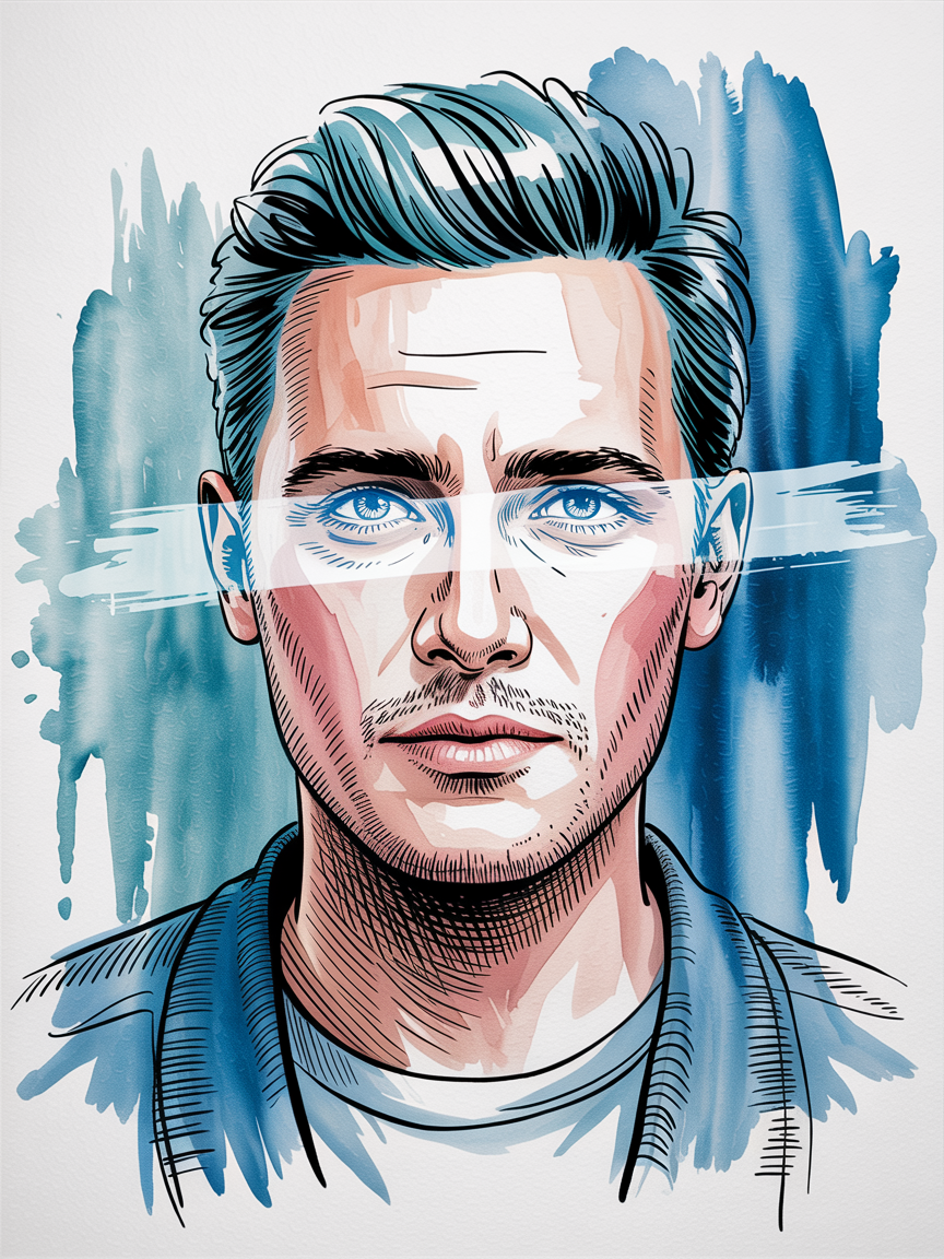 Male Art Drawing Ideas, a stylized watercolor and ink portrait of a man with bright blue eyes, a horizontal white streak across the eyes, and a soft blue wash background.