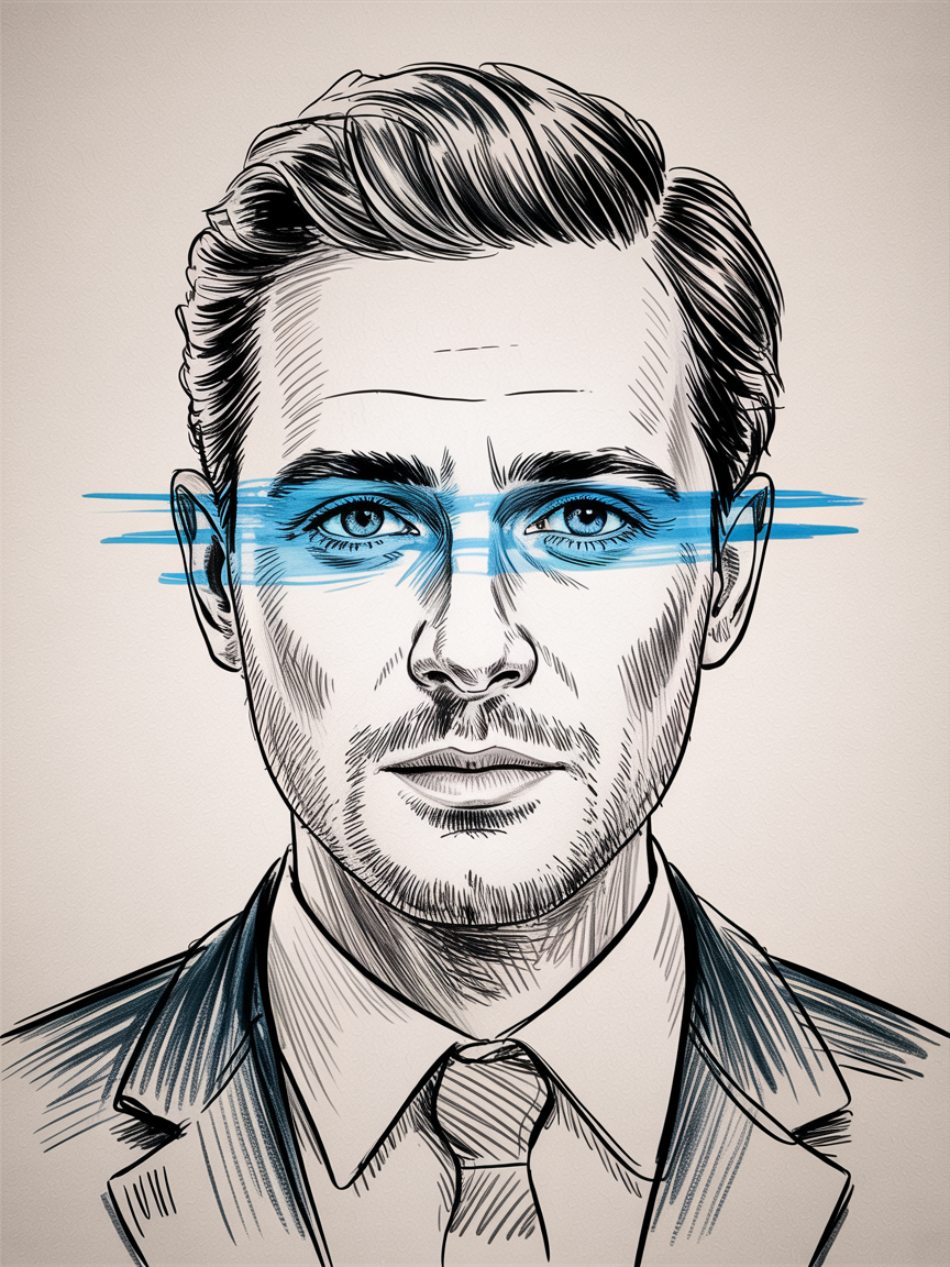 Male Art Drawing Ideas, a stylized ink portrait of a man in a suit with a blue paint stripe across the eyes, showing strong linework, hatching, and clean contrast on a light paper background.