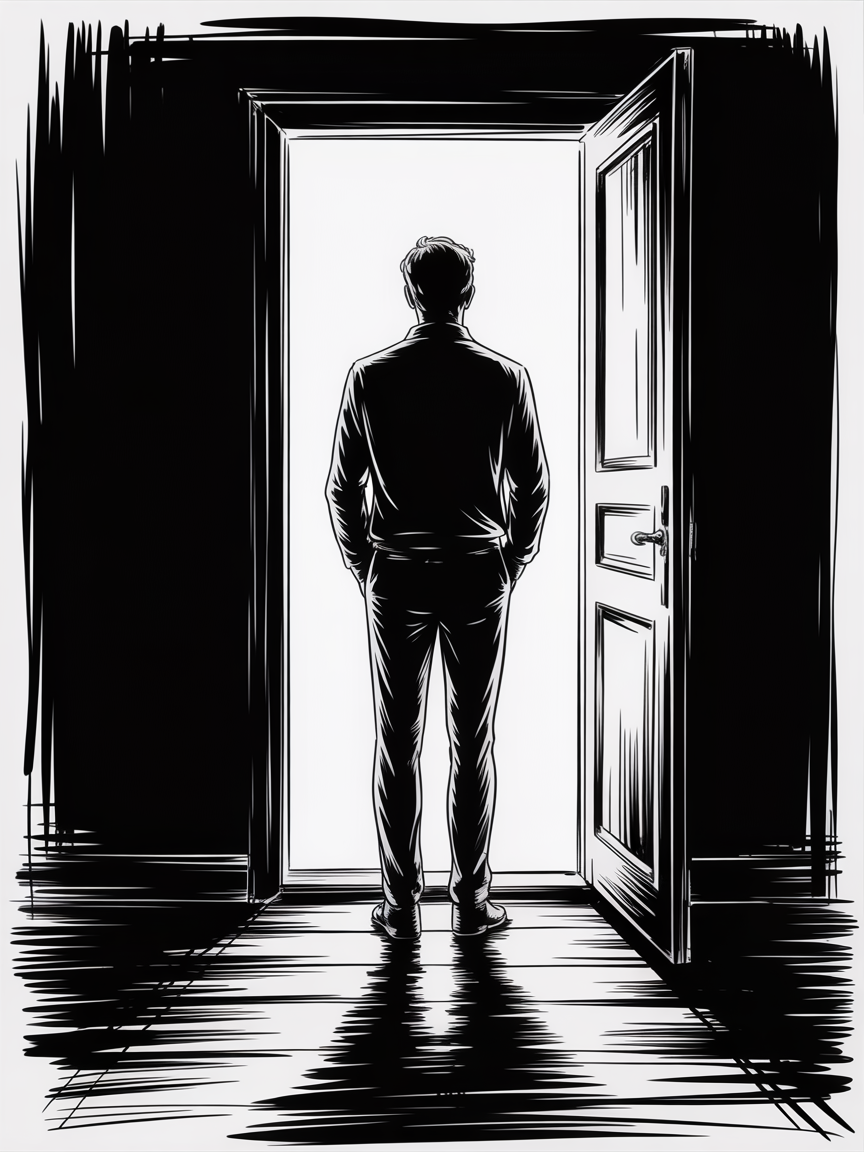 Male Art Drawing Ideas, a black-and-white illustration of a man standing in an open doorway from behind, bright backlight framing his silhouette and casting long reflections on the floor.