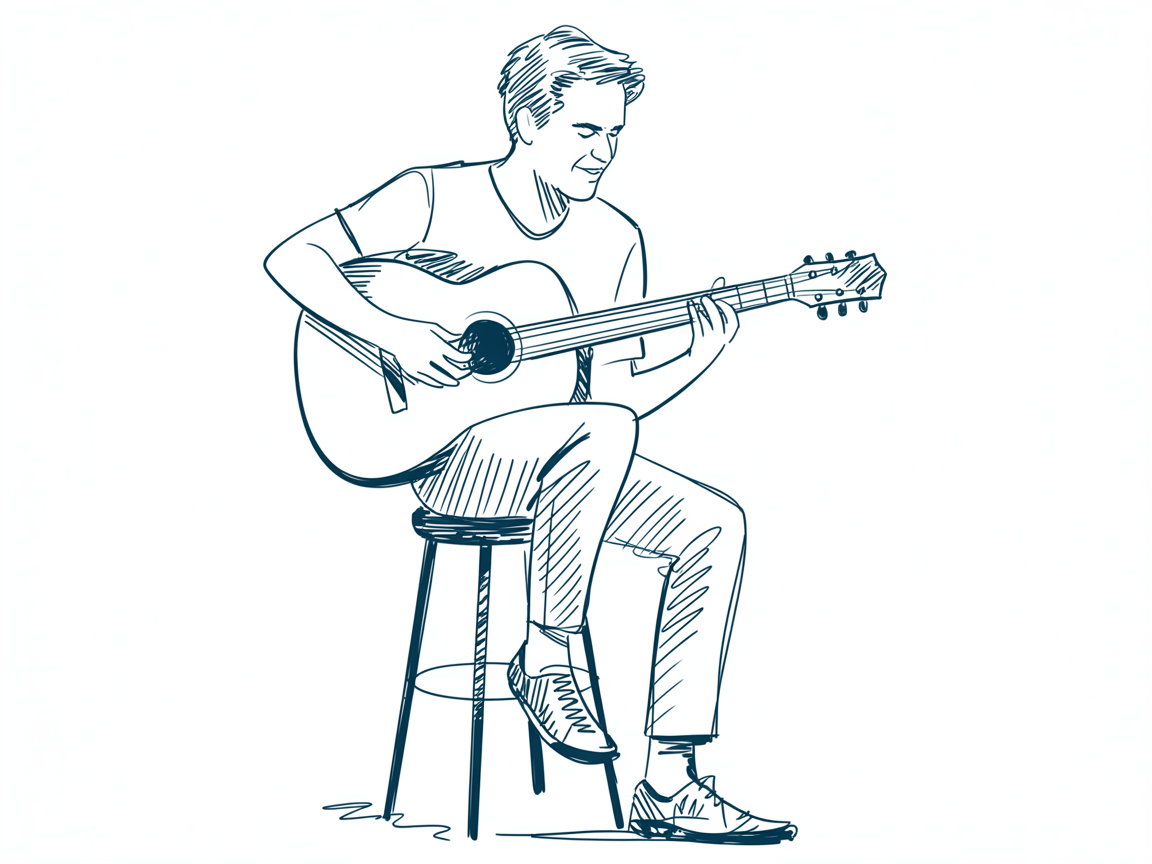 Male Art Drawing Ideas: clean line sketch of a seated man playing an acoustic guitar on a stool, with blue outlines and light hatching.