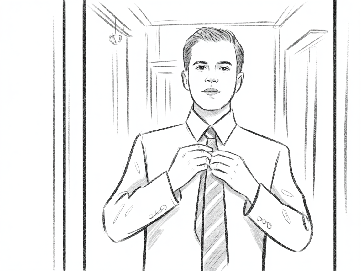 Male Art Drawing Ideas, black and white sketch of a man adjusting his tie, centered in a hallway with clean perspective lines and gentle shading.