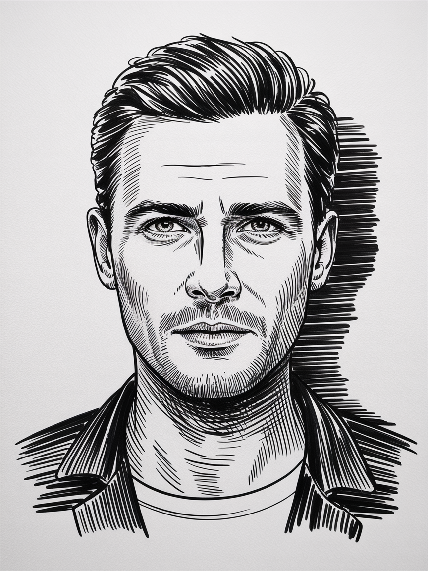 Male Art Drawing Ideas, a black and white ink portrait of a man with bold linework, cross-hatching, and a centered composition on white paper.