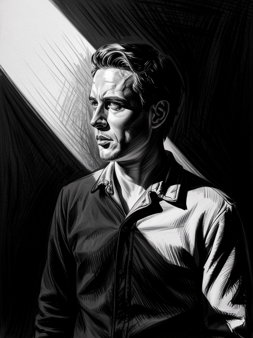 Male Art Drawing Ideas, black and white portrait of a man in a buttoned shirt lit by a diagonal beam with dramatic contrast and crosshatched textures.