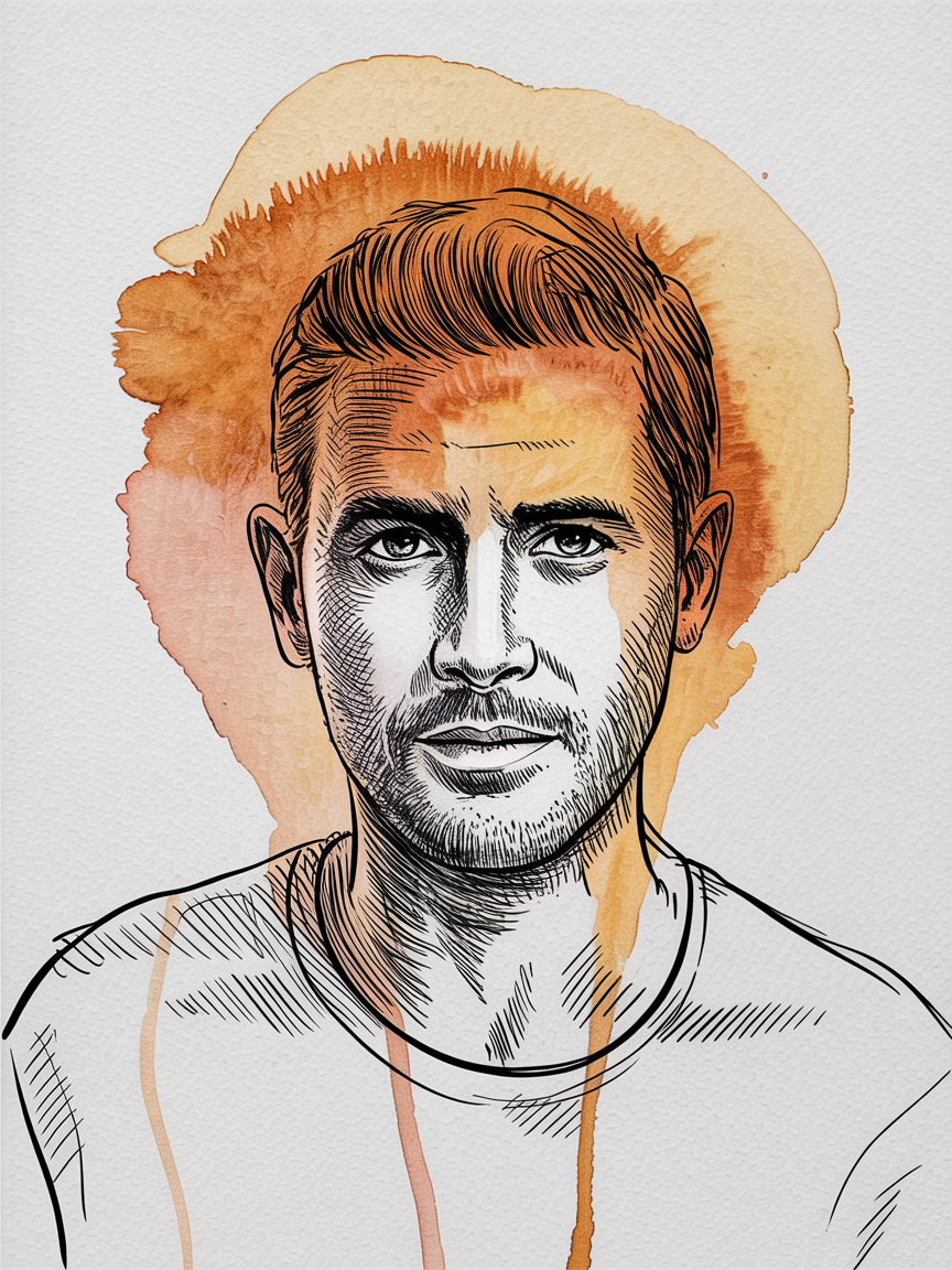 Male Art Drawing Ideas: black ink portrait of a man with a warm orange watercolor halo and soft drips on textured paper.