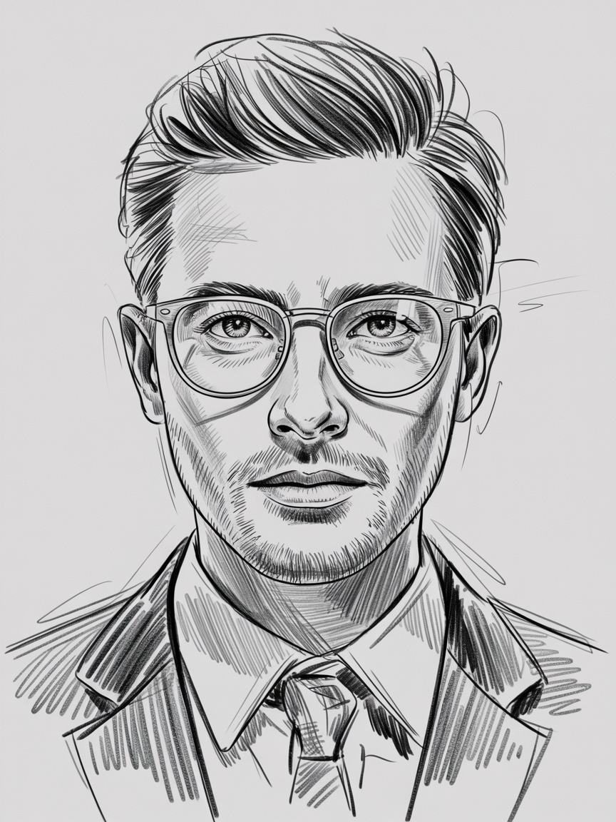 Male Art Drawing Ideas, a black and white sketch of a man in glasses and a suit with crisp lines, crosshatched shadows, and tidy hair.