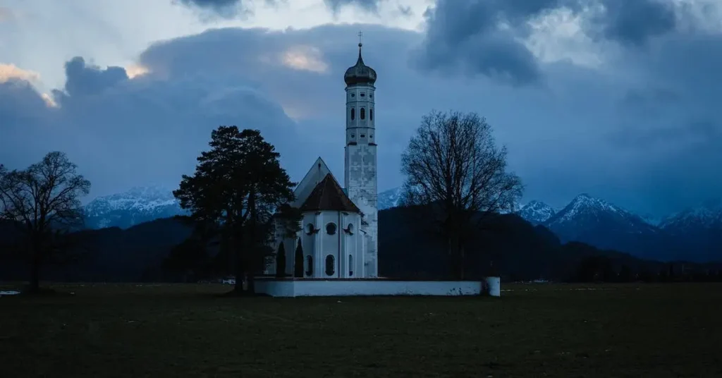 church during the blue hour as blue things to draw