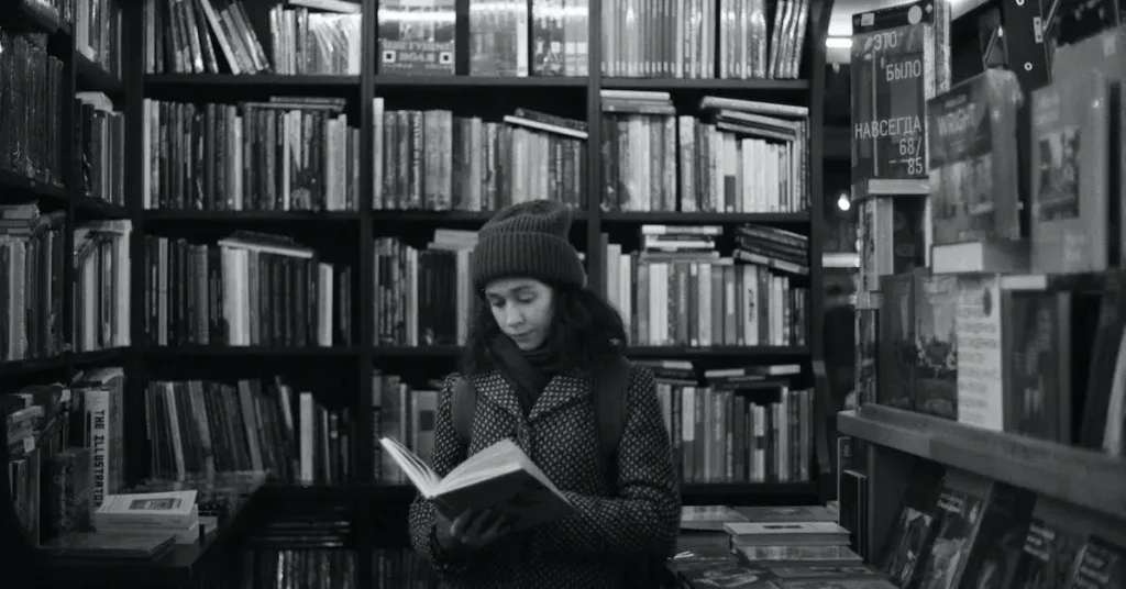 woman in a book store as Charcoal Drawing Ideas