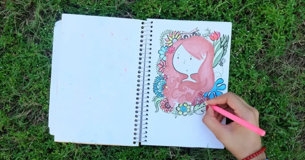 drawing in a sketch book with an colored pencil as Colored Pencil Drawing Ideas