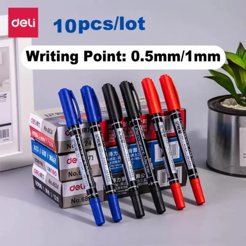Deli 10pcs lot Permanent Marker Pen Multicolor Dual Tip 0 5 1 0 mm Nib Black