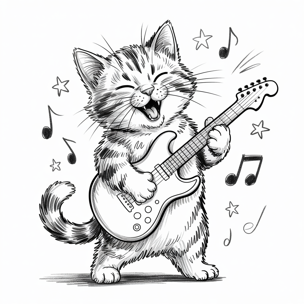 cool sketch ideas cat playing guitar