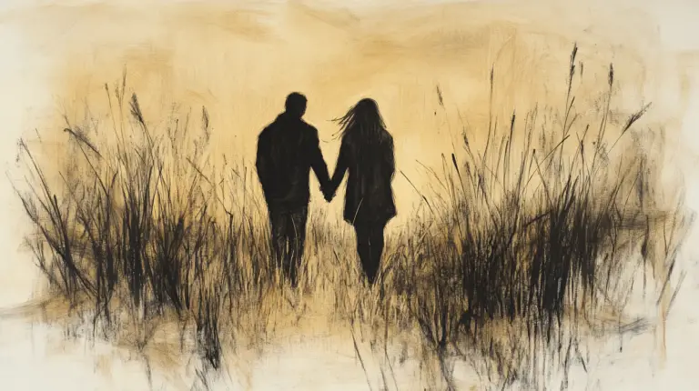 romantic artwork couple walking holding hands in a field