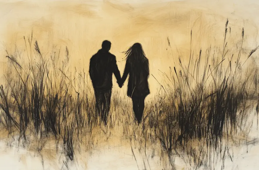 romantic artwork couple walking holding hands in a field