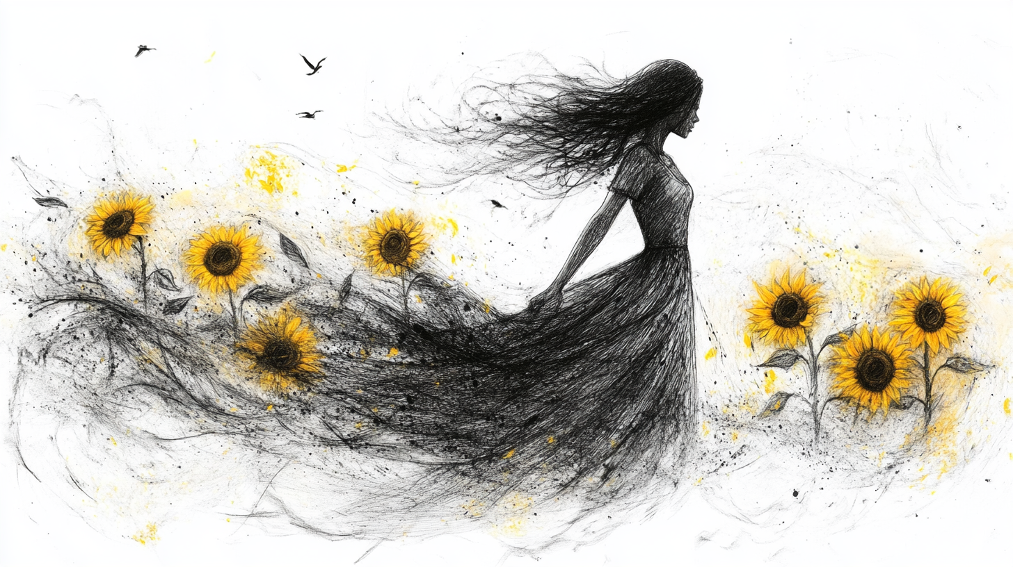 ^cute summer sketches woman with sunflowers