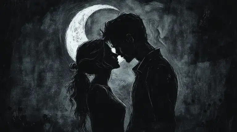 romantic artwork bedroom kissing couple in front of the moon