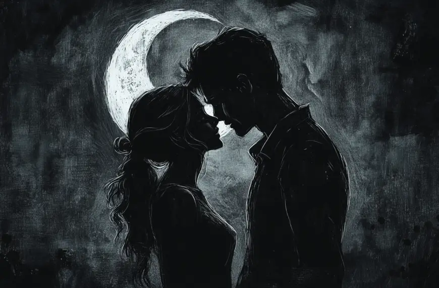 romantic artwork bedroom kissing couple in front of the moon