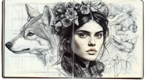 sketch book art ideas woman and wolf sketchbook