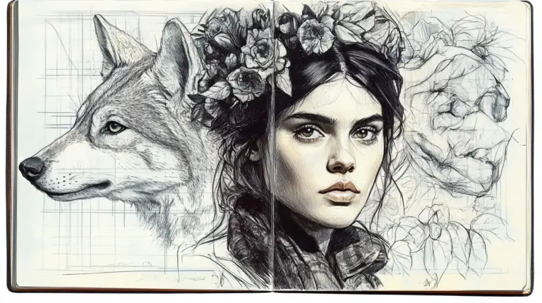 sketch book art ideas woman and wolf sketchbook