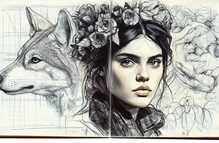 sketch book art ideas woman and wolf sketchbook