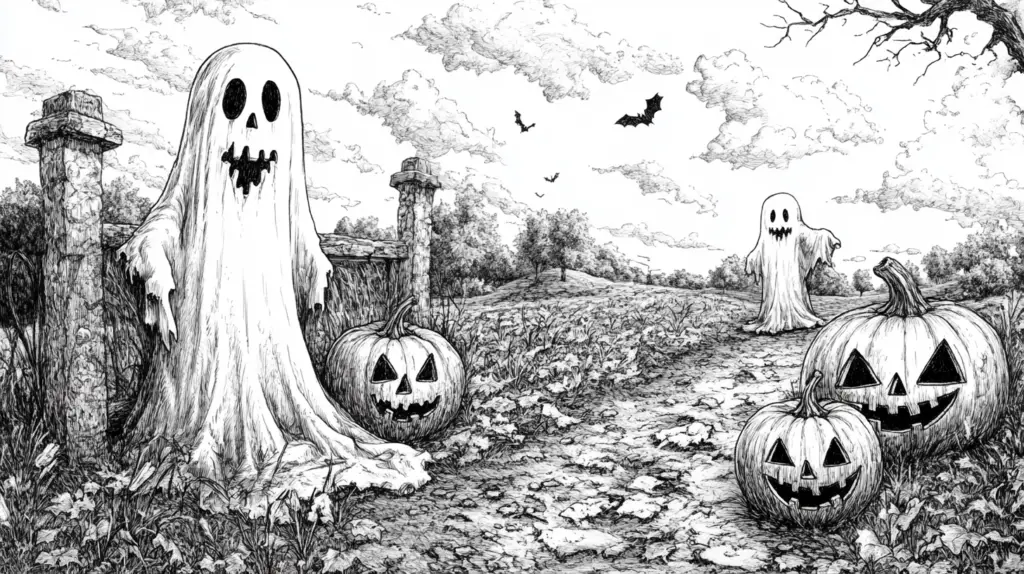 halloween drawing ideas ghosts and pumpkins at a street